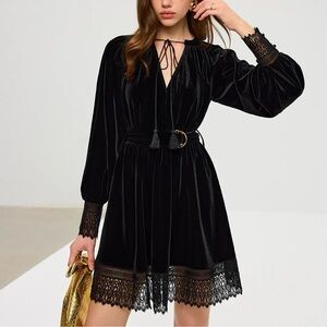 Commense Black Velvet Lace Trim Mini Dress XS Belted Tie Front NWT